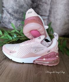 Womens Nike Air Max 270, Pink And Black Nikes, Swarovski Nike, Nike Kids Shoes, Shoes Customized, Nike 270, Air Logo, Black Nike Shoes, Pink Nike