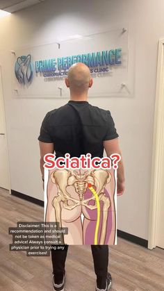 a man standing in front of a sign with the words sciatica on it