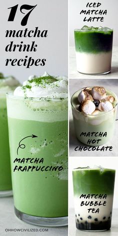 matcha drink recipe with green liquid and marshmallows in the bottom, then topped with whipped cream