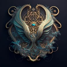 an intricately designed artwork with gold and blue accents on a black background, depicting two birds