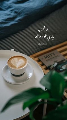 a cappuccino sits on a plate next to a potted plant