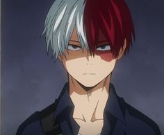 an anime character with red and white hair looking at the camera while wearing a black shirt