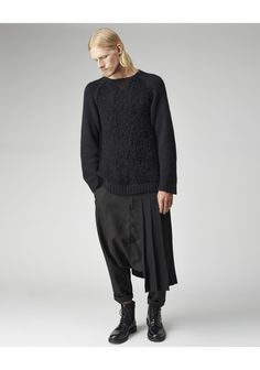 Pleated Wrap Skirt by Yohji Yamamoto.  From the men's collection; unisex pleated kilt that is open at one side with an adjustable, belted waist.  Worn with / Yohji Yamamoto Raglan Sleeve Pullover, Comme des Garçons Shirt Man Drop Crotch Pants & Common Projects Combat Boot. Men Skirt, F Men, Man Japan, Monochromatic Palette, Drop Crotch Pants, Comme Des Garcons Shirt, Style Noir, Yohji Yamamoto