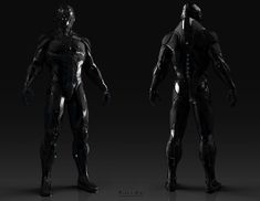 two different views of an alien man in black and white, with blue lights on his chest