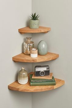 Solid Oak Corner Shelves Corner Shelves Bedroom, Corner Shelf Decor, Float Shelf, Corner Shelf Ideas, Corner Shelf Design, Wood Corner Shelves, Wall Mounted Corner Shelves, Floating Corner Shelves, Corner Wall Shelves