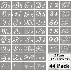 the font and numbers for each letter are shown in this set, which includes four different styles