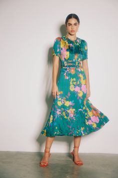 Brooklyn Floral Midi Dress Green Midi Dress With Pleated Waist And Short Sleeve, Spring Green Midi Dress With Pleated Waist, Green Midi Dress With Pleated Waist For Spring, Green Pleated Hem Dress For Spring, Green Spring Dress With Pleated Hem, Green Knee-length Pleated Dress For Spring, Spring Green Dresses With Pleated Hem, Green Ruched Short Sleeve Dress, Simply Dress