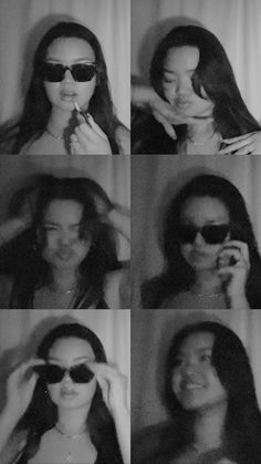 black and white photos of a woman with sunglasses on her face, brushing her teeth