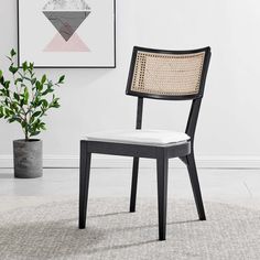 a black and white chair sitting on top of a rug next to a potted plant