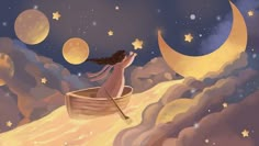 a painting of a woman in a boat floating on the moon filled sky with stars