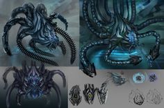 the concept art for an alien creature is shown in three different stages, including one being a