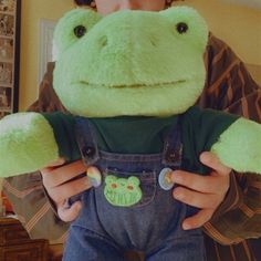 a person holding a stuffed animal in their hands and wearing overalls with the frog on it's chest