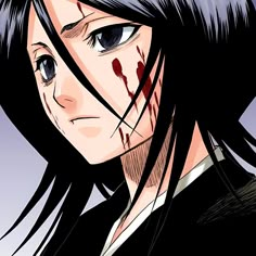 an anime character with long black hair and blood on his face is looking at the camera