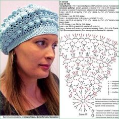 a woman wearing a blue crochet hat next to an image of the pattern