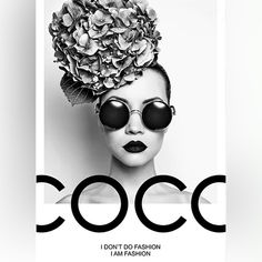 a woman wearing sunglasses and a flower in her hair with the words coco on it