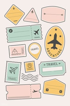 travel stamps and stickers are arranged on a white background, with the words traveling written below them