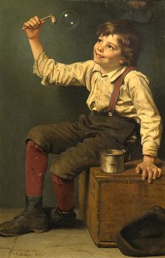 a painting of a young boy sitting on top of a box holding a pipe in his right hand