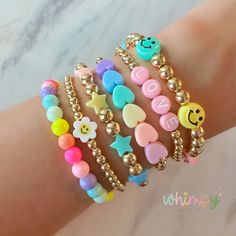 14kt Gold Plated | Personalized Daisy Love Candy Colored Pastel Rainbow Bead Bracelet Stack | Create Your Own Stack Rainbow Bead Bracelet, Bead Bracelet Stack, Colorful Bead Bracelets, Daisy Love, Hand Necklace