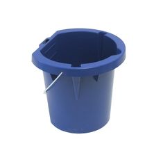 a blue plastic bucket with a handle