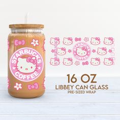 a glass jar with hello kitty stickers on it