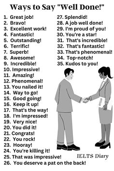 two people shaking hands with the words, ways to say'well done'in black and white