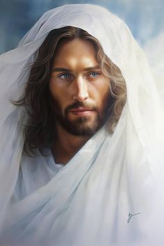 a painting of jesus wearing a white veil and looking at the camera with blue eyes