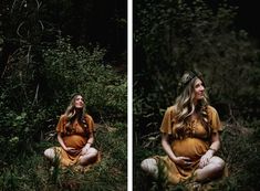 a pregnant woman sitting in the grass wearing a yellow dress