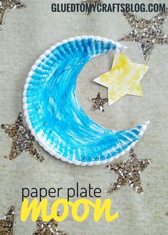 paper plate moon craft for kids with glitter stars on the background and text overlay reading paper plate moon