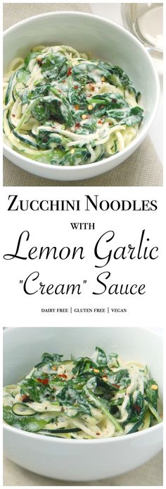 the cover of zucchini noodles with lemon garlic cream sauce in a white bowl