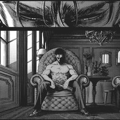 a black and white drawing of a man sitting in a chair