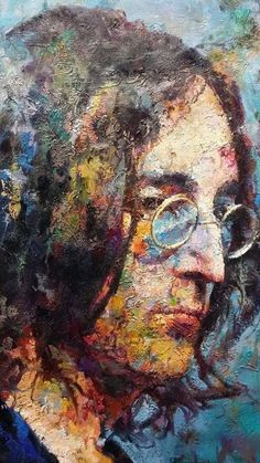 a painting of a man with glasses on his face and long hair, looking to the side