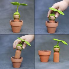 four images show the process of making a potted plant with a doll's head