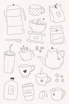 teapots, cups and kettles are drawn in black ink