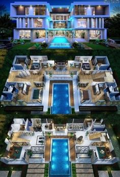 an aerial view of a large house at night and in the middle of it is a swimming pool