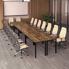 an empty conference room with chairs and a projector screen