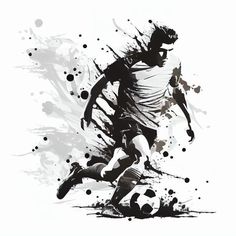 a man kicking a soccer ball on top of a white field with black and white paint splatters