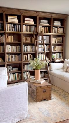 a living room filled with lots of bookshelves next to a couch and chair