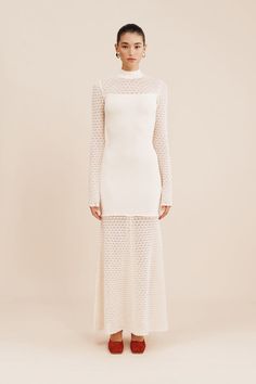 ROMY HIGH NECK DRESS - CREAM White Mock Neck, Mock Neck Dress, Scallop Edge, Dress Cream, Antique Inspiration, Cream Dress, Neck Collar, Natural Fabrics, Bridal Looks