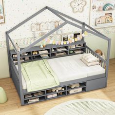 Immerse your child in a world of imagination with the delightful twin house bed frame. The platform bed includes a built-in bedside shelf with 8 storage cubes to ensure your bedroom is well-organized. Maximize space with the helpful storage assistant that boasts under-bed storage, including 6 storage cubes and an enclosed cabinet. Thanks to the wood structure and 10 plywood slats, the bed frame can support up to 440 lbs for a secure sleep. The platform design ensures mattress stability without t Low Floor Bed, Deck Bed, Wooden Platform Bed Frame, Twin Size House Bed, Twin House Bed, House Bed Frame, Twin House, Platform Bed Designs, Single House