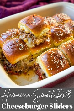 hawaiian sweet roll cheeseburger sliders in a casserole dish with text overlay