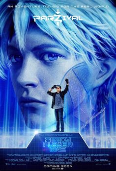 a movie poster for the film ready player one with a blonde haired man holding his hands up