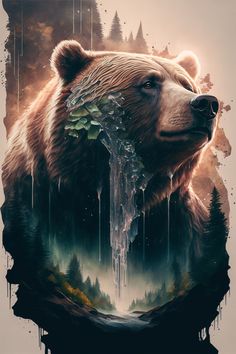 a bear is standing in the middle of a forest with waterfall coming out of its mouth