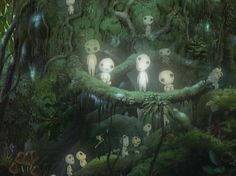 an image of some strange looking creatures in the woods with trees and plants around them