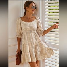 New Without Tags! Super Adorable Cream Gingham Print Dress With Flounce Sleeves And Sweetheart Neckline. Perfect For Springtime And Summer! Size M 50% Cotton 50% Polyester Dresses To Wear With Cowboy Boots, Vestido Shein, Dresses With Cowboy Boots, Shein Brasil, Midi Dress Style, Shein Dress, Ruffle Hem Dress, Casual Clothes, Gingham Print