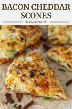 bacon cheddar scones on parchment paper with text overlay