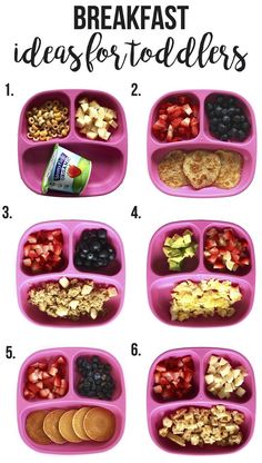 the breakfast ideas for toddlers are organized in pink trays with fruit and crackers