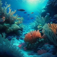 an underwater scene with corals and fish