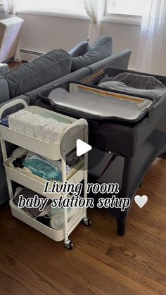 a living room with a couch and baby changing table in the center, next to a love seat