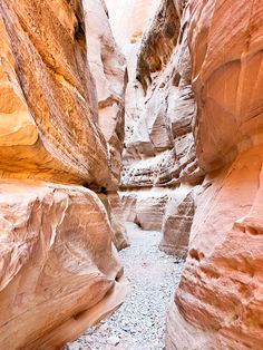 a narrow slot in the side of a mountain with rocks and water running through it