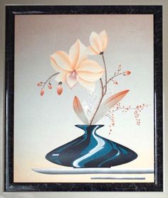 a painting of flowers in a blue vase on a white background with black border around it